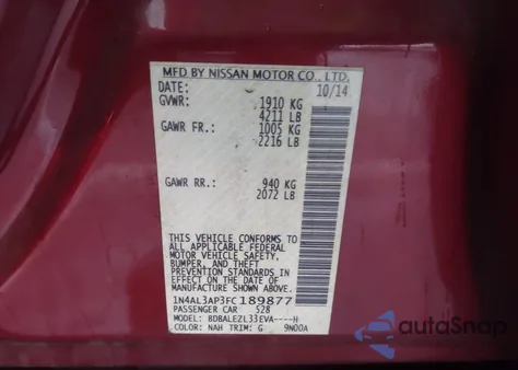 2015 Nissan Altima 2.5 S из США, поврежденный, VIN 1N4AL3AP3FC189877